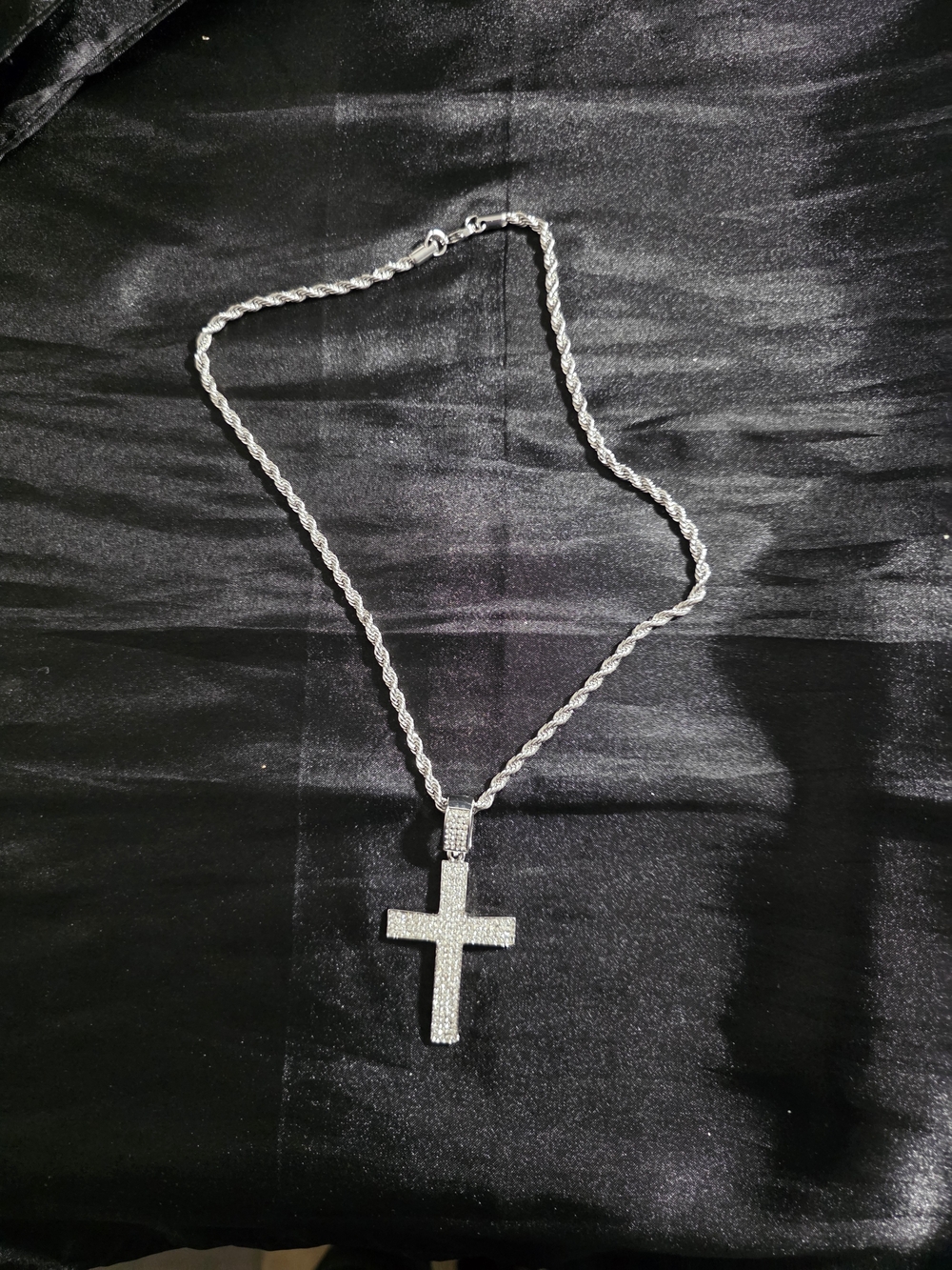 Silver Tone Rope Chain Bling Cross Charm Pendant Swaggy Necklace,